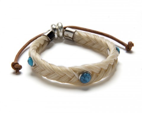 White braided horse hair wristband with turquoise colour accent beads
