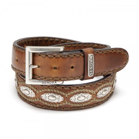 7606 Evolution Tang Sendra cognac leather belt with metal conchos. Buy online your Sendra hand made belt 