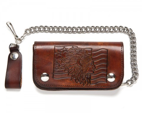 Native American chief & USA flag distressed brown biker chain wallet