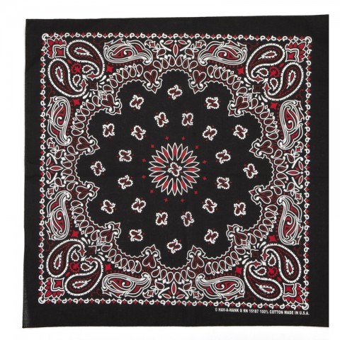 Rockabilly black bandana with red and white paisley color combination made in the USA, 100% cotton. Your rocker bandana is at our online shop