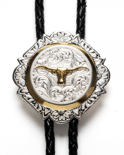 Montana Silversmiths longhorn bolo tie in silver and gold for sale online at Corbeto