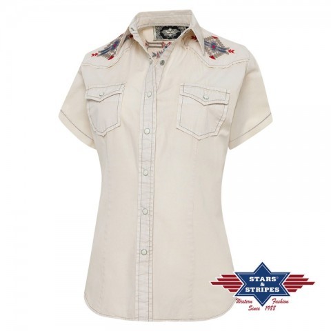 Denim look cowgirl style beige blouse with Aztec mosaic embroidery
