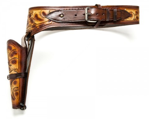 Two-tone brown leather holster with cartridge belt
