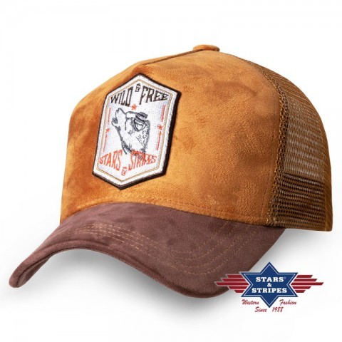 Suede look American style trucker cap with howling wolf patch