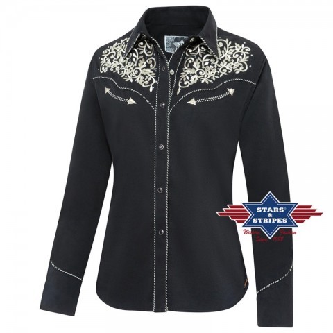Women western black shirt with golden embroidery and rhinestones