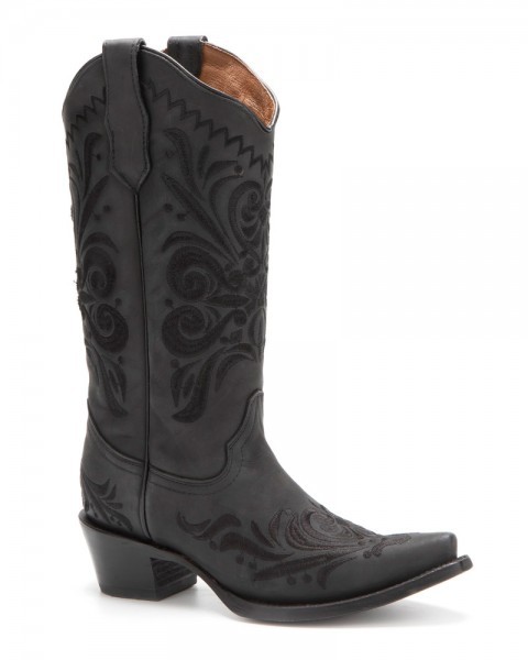 Snip toe matte black leather women western boots with Mexican style embroideries
