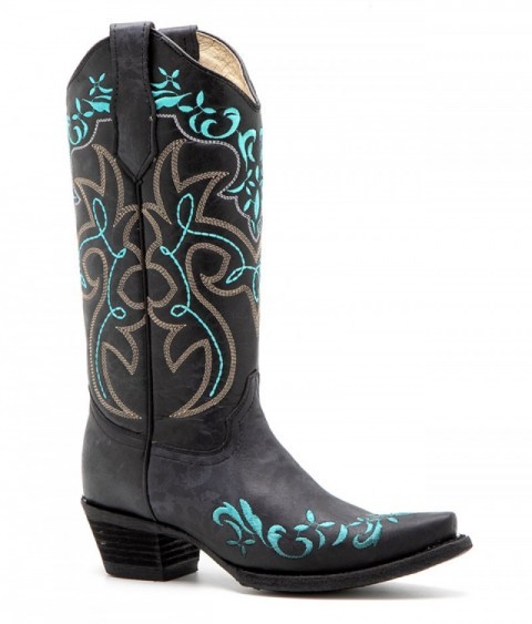 Snip toe black leather boots with blue embroidery
