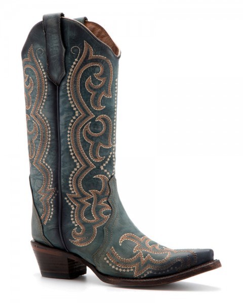 Botas punta mexicana para mujer cuero azul vaquero con bordado azteca