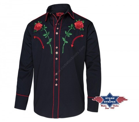 Classic American style mens cowboy shirt with embroidered red roses