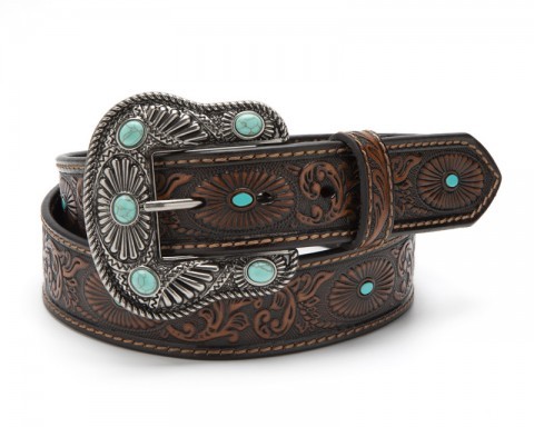 Tan brown leather cowgirl belt with big turquoise accented buckle