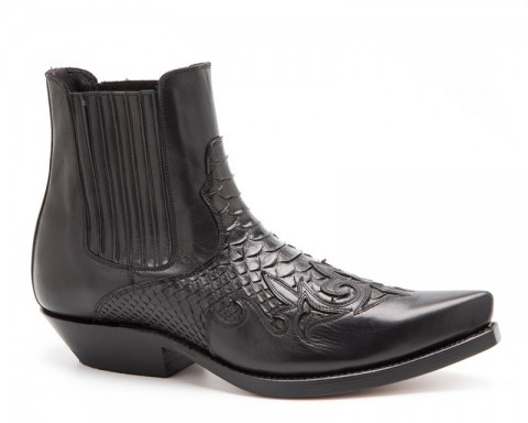 Mens Mayura black leather ankle boots with genuine black python skin