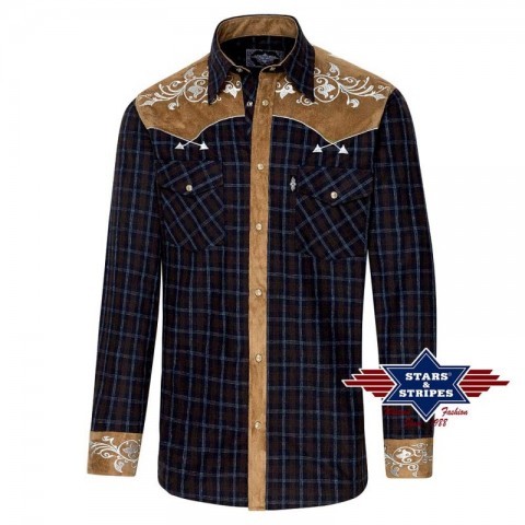 Checked rockabilly shirt with tribal flower embroidery